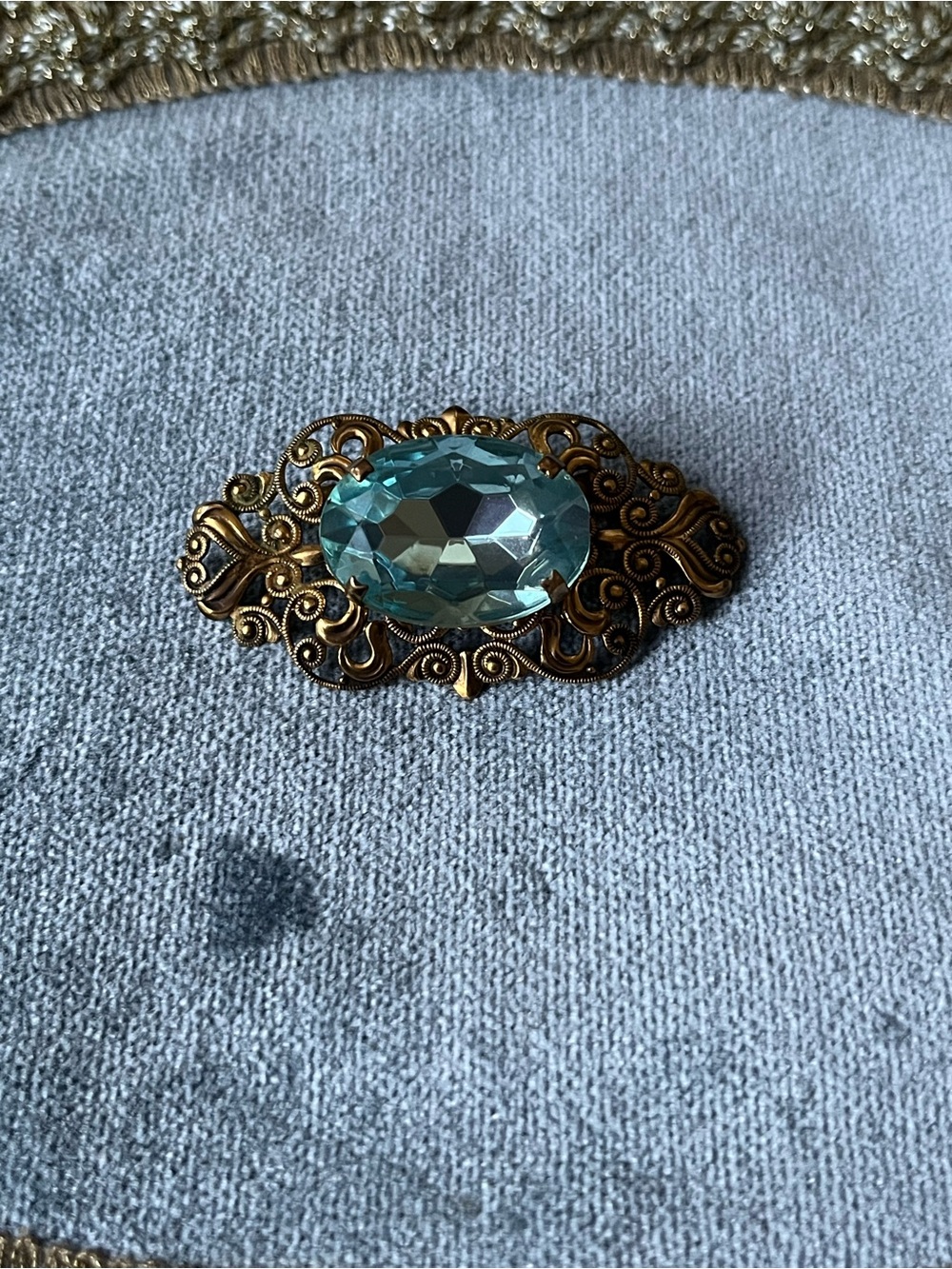Vintage Gold Filigree Brooch with Aqua Blue Stone